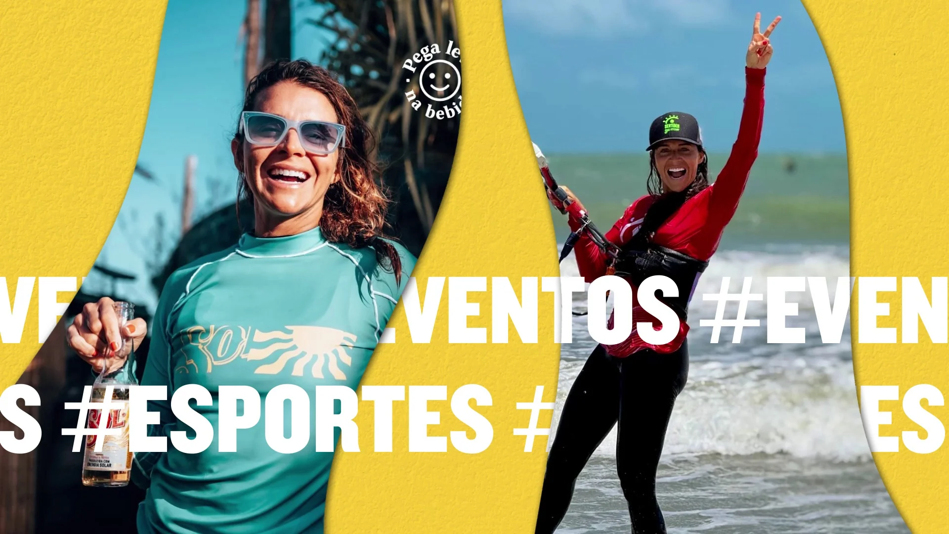 Duas mulheres na praia recortadas por formas onduladas sobre fundo amarelo, com a hashtag "#esportes" atravessando a imagem.