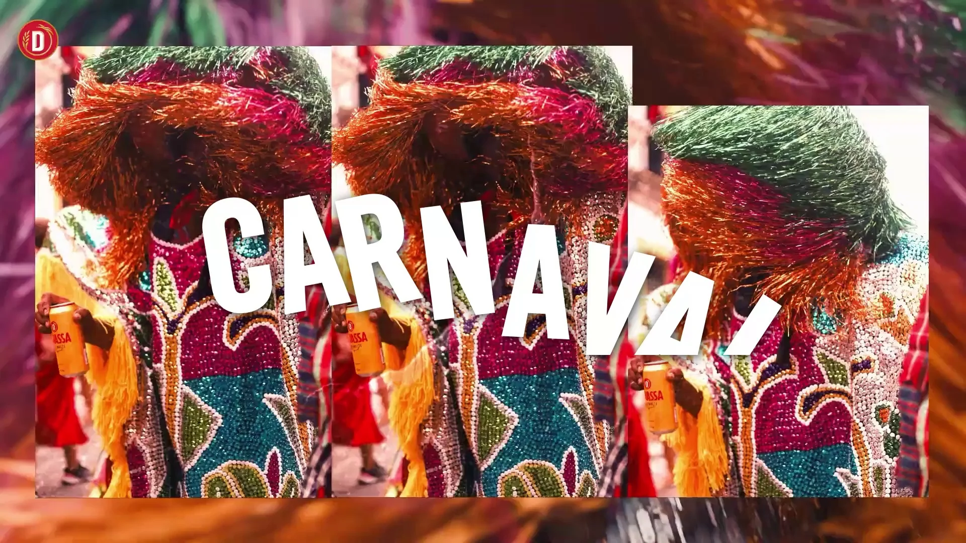 Palavra "CARNAVAL" repetida em três faixas sobre estampas coloridas, com o logo Devassa no canto.