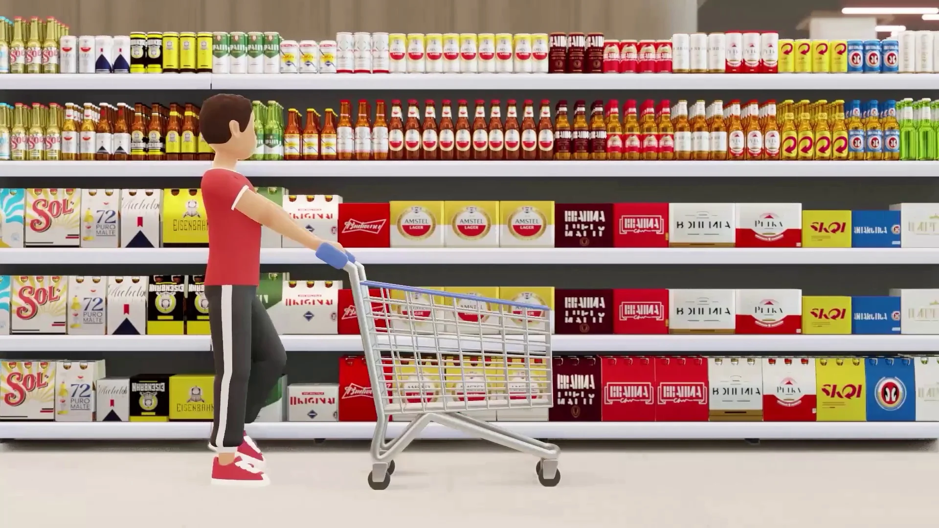 Henrique empurra um carrinho ao longo de uma gôndola de cervejas modelada em 3D, com packs organizados por segmento