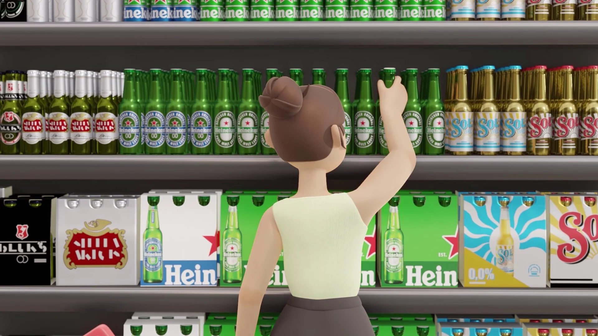Ana, de costas, estica o braço para uma garrafa Heineken na prateleira de um corredor de cervejas em 3D