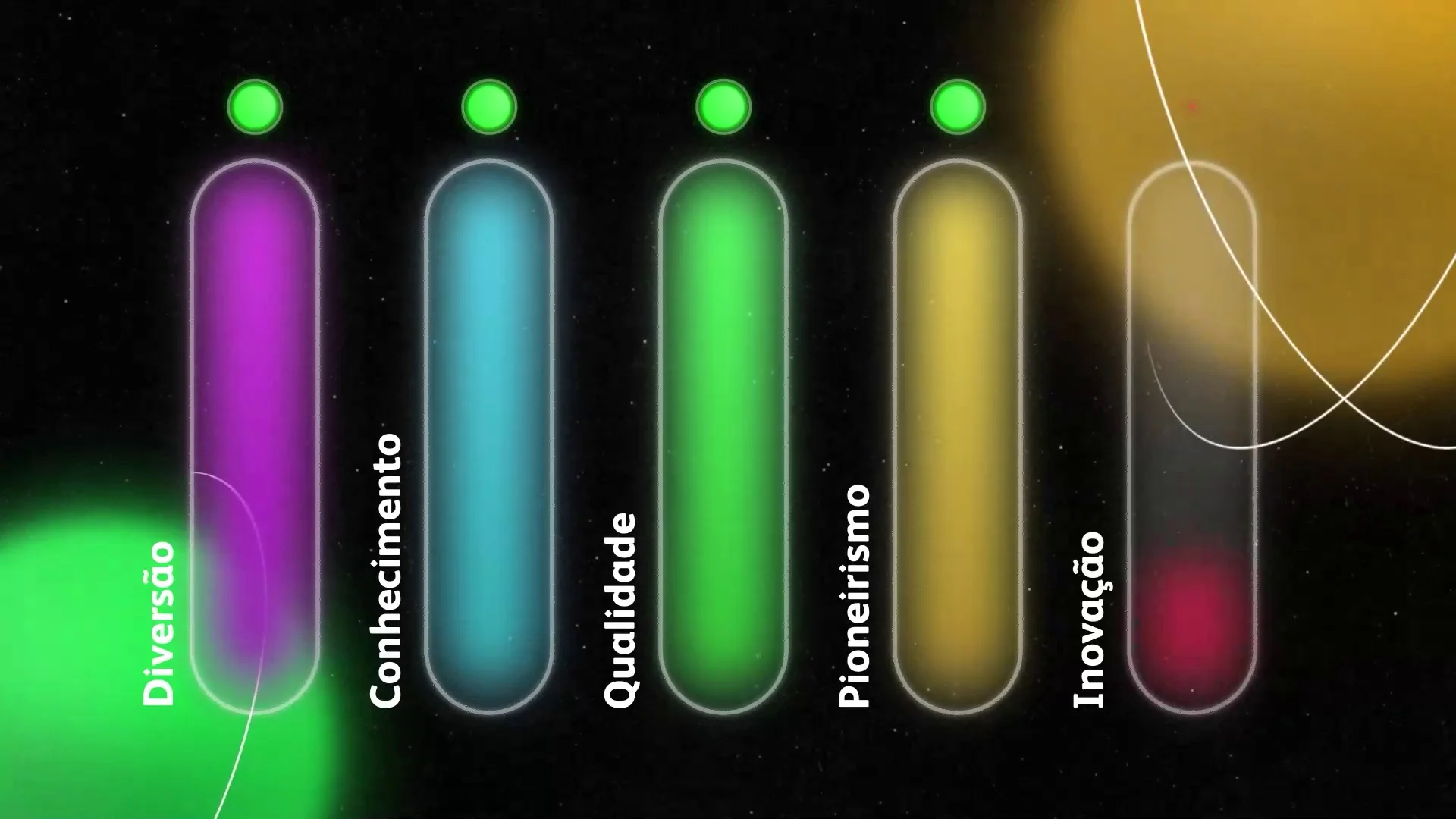Cinco colunas luminosas coloridas sobre fundo preto: diversão, conhecimento, qualidade, pioneirismo e inovação