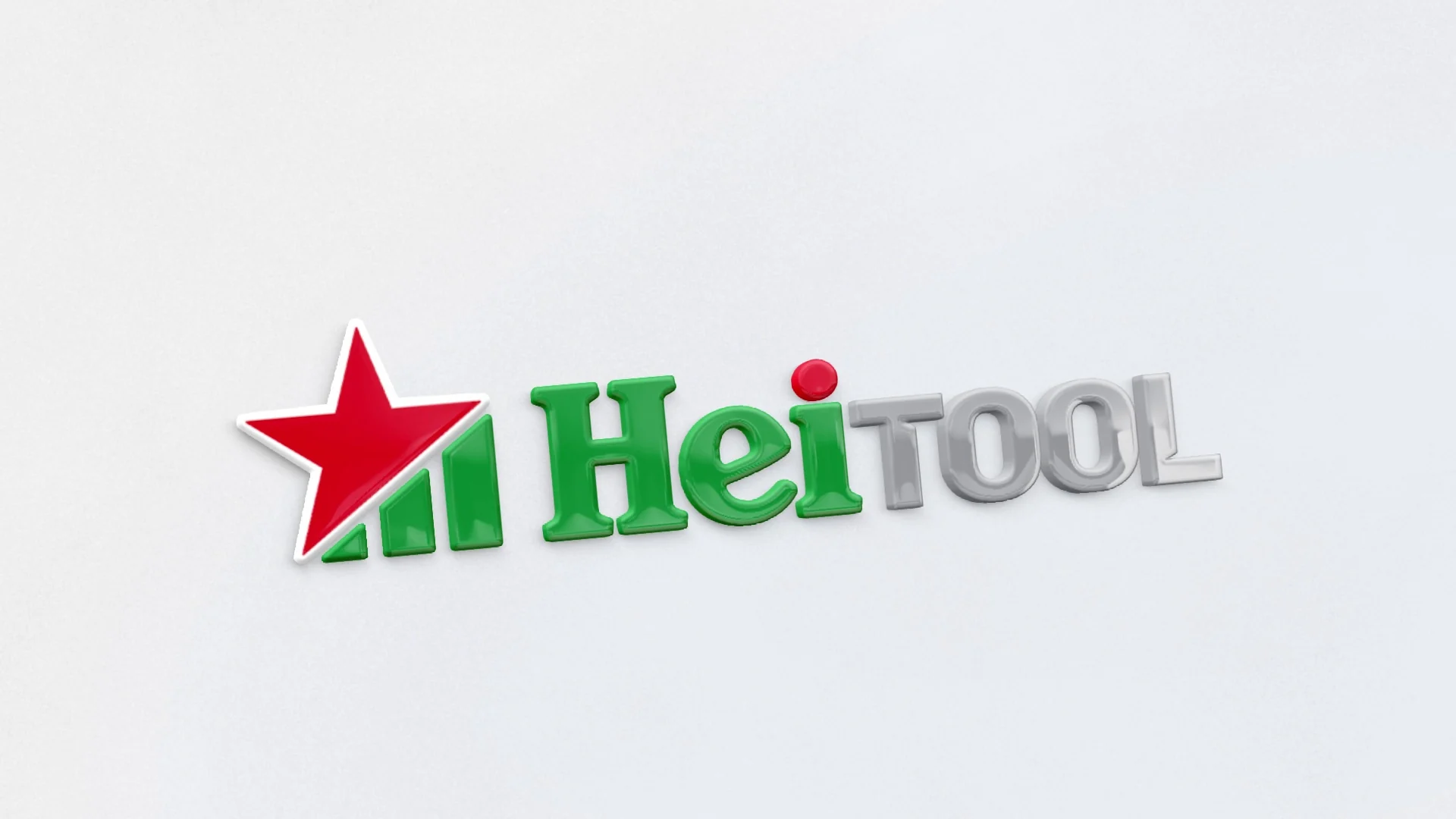 Logo 3D da Heitool, com estrela vermelha e letras verdes, sobre fundo branco
