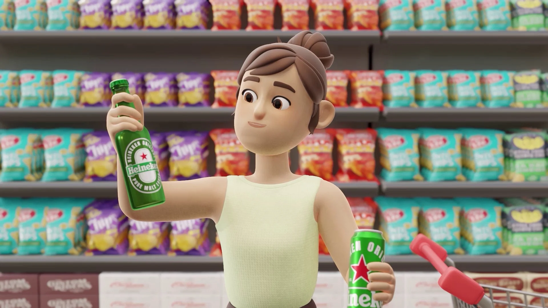 Ana, personagem em 3D, segura uma garrafa long neck e uma lata de Heineken diante de uma gôndola de salgadinhos