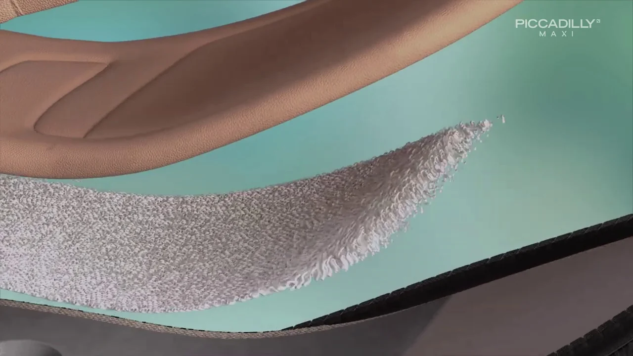 Animação 3D em macro mostra a manta de biofibra entre as camadas de uma palmilha.