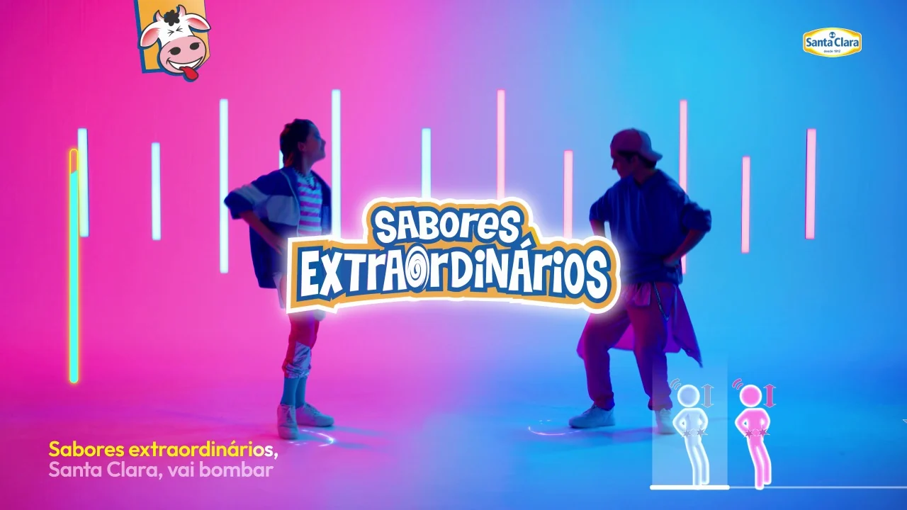 Dois jovens dançarinos em silhueta no cenário rosa e azul, com o título Sabores Extraordinários em lettering de quadrinho entre eles.