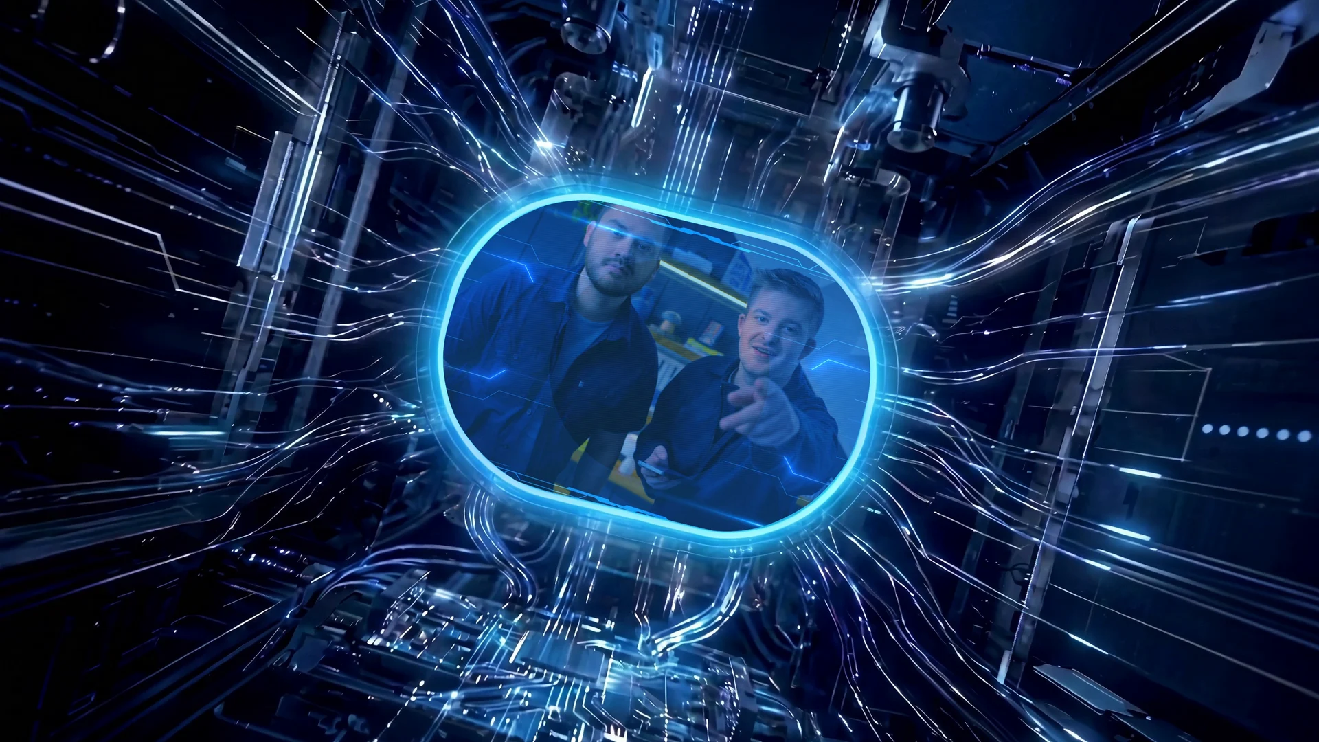 Os dois eletricistas dentro de uma cápsula luminosa azul, atravessando o túnel de computação gráfica do filme.