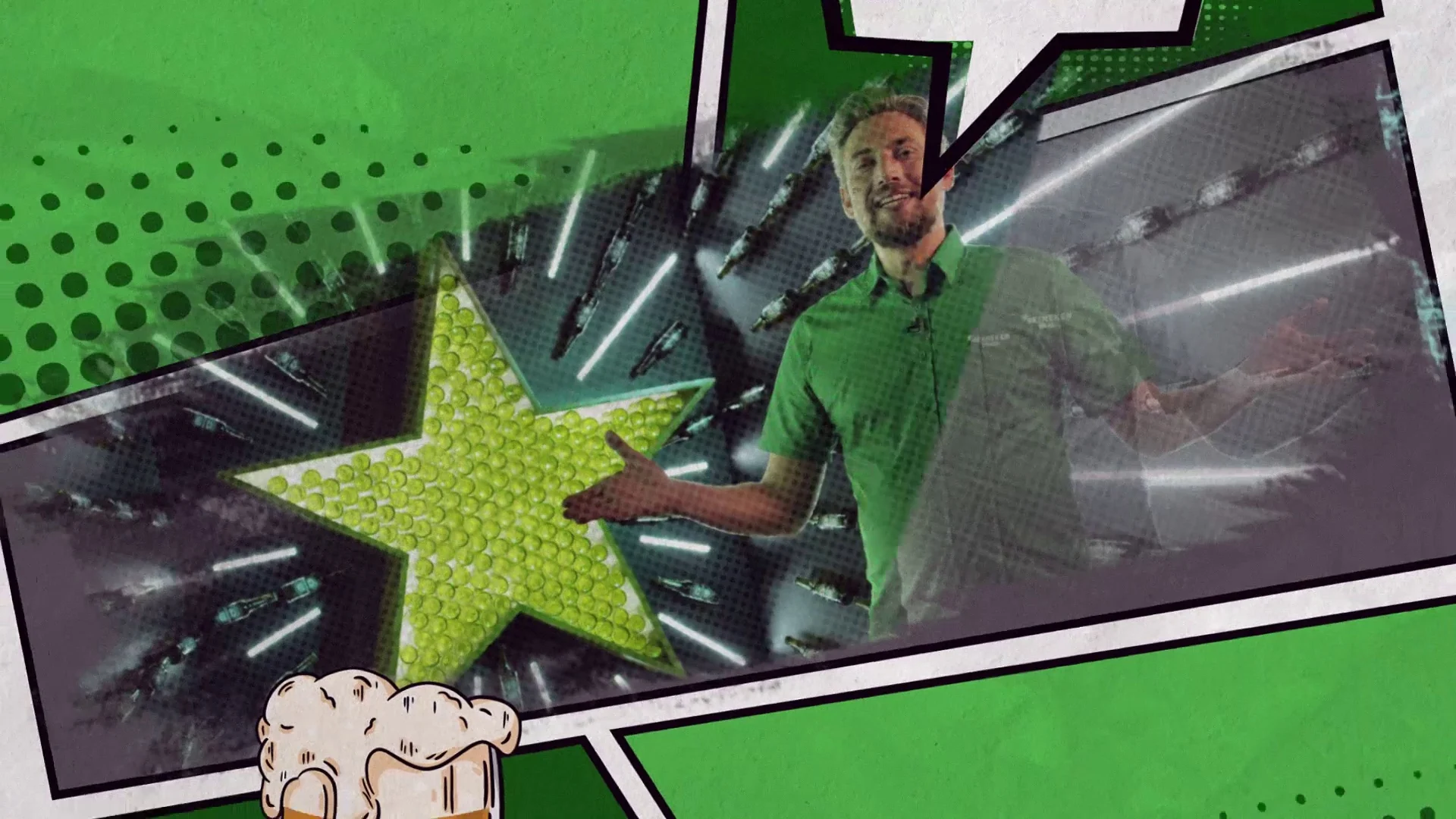 Vinheta em estilo história em quadrinhos: o apresentador aparece dentro de um painel com a estrela luminosa, cercado de retículas verdes e de um copo de chope desenhado.